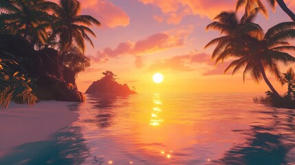 Fototapeta premium Serene Orange Sunset Illuminating Calm Ocean Waters with Silhouetted Palm Trees