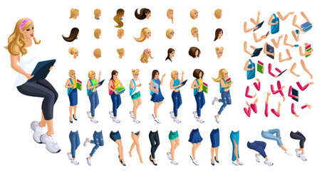 Isometric cartoon people, 3D Set for creating Girl Student person. Full length gestures isolated, N8. Create your own design for vector