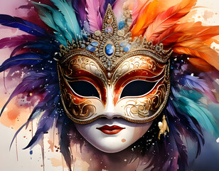 A striking mask with ornate gold details, vibrant feathers, and a jeweled crown, radiating elegance and mystery