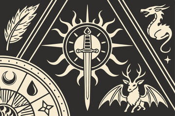 Fantasy icon set, mystical symbols, black and gold color scheme, religious figure, antlers, dragon, winged creatures, swords, magical flames, celestial elements, occult imagery, alchemy symbols, dark 