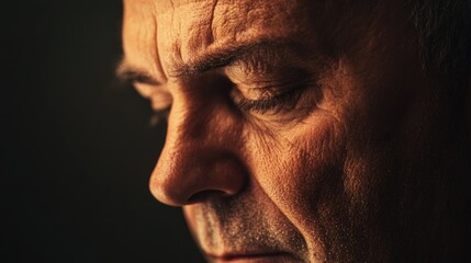 Obraz premium Contemplative middle-aged man with graying hair and wrinkles gazing downward against dark background with space for text or captions