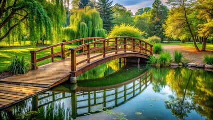 Fototapeta premium beautiful wooden bridge over serene pond in park, bridges, nature, bridges, nature, pond