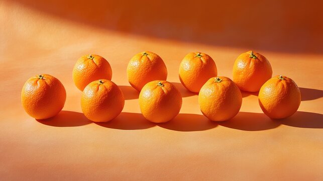 Fresh oranges neatly aligned on a vibrant orange backdrop creating a visually appealing fruit arrangement suitable for food photography.