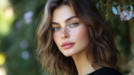 Fototapeta premium Natural Makeup Look Featuring Soft Glam and Luminous Skin in Outdoor Setting