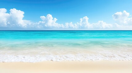 Crystal Clear Turquoise Ocean Waves Gently Rolling onto a Pristine Sandy Beach Under a Bright Blue Sky with Fluffy White Clouds
