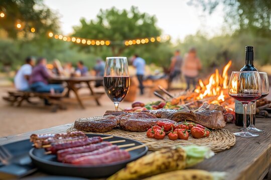 A vibrant gathering showcasing Braai (African BBQ) with grilled meats, fresh tomatoes and wine, surrounded by friends enjoying a warm evening outdoors.