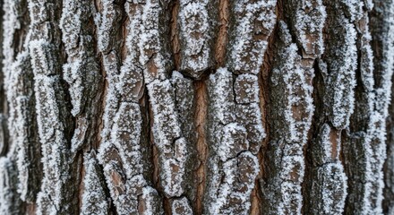 Fototapeta premium Frosty Tree Bark Texture: Detailed close-up of a tree trunk's textured bark, delicately coated with a layer of frost, creating a visually stunning winter scene. 