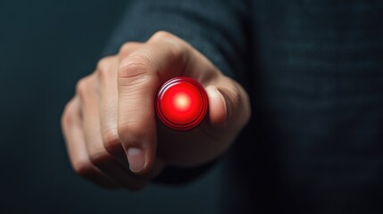 Hand pressing a bright red refresh button symbolizing renewal and technology advancement against a dark background.