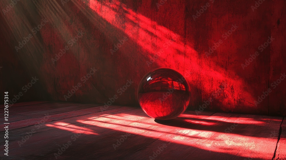 Poster red light rays filtering through a crystal ball creating subtle glows and dappled light effects on t