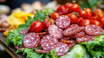 Fresh outdoor Italian-style salad featuring vibrant cherry tomatoes, succulent red salami, and crisp lettuce for a delightful summer dish.