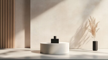 Elegant Minimalist Product Showcase on Simple Pedestal with Natural Light and Subtle Decor Elements