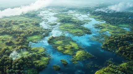Aerial Landscape Showcasing Diverse Ecosystems and Lush Biomes with Waterways and Vegetation Under Soft Morning Light