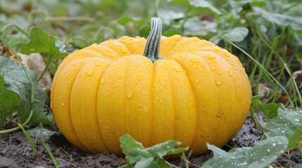 Obraz premium Vibrant yellow pumpkin resting on lush green grass with fresh water droplets in a serene garden setting