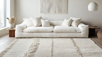 Modern Minimalist Living Room Design Showcasing Cozy White Sofa and Textured Area Rug in Bright Open Space