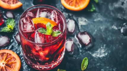 Negroni cocktail garnished with orange and mint on a dark surface vibrant drink concept with ice and orange slices around
