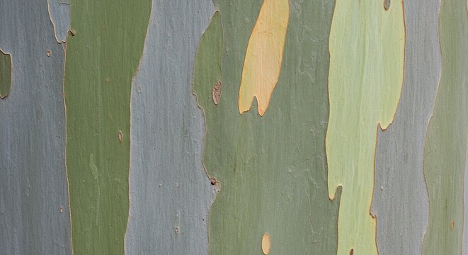 Eucalyptus Bark Texture: A detailed close-up shot reveals the vibrant, multi-hued texture of eucalyptus tree bark, showcasing its unique peeling layers in shades of green, gray, and beige.