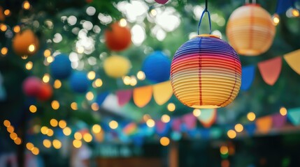 Community celebration with colorful lanterns and festive decorations highlighting LGBTQ contributions in an inviting atmosphere with space for text