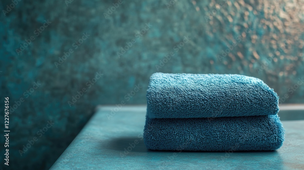 Poster Minimalist luxurious bathroom close-up featuring stacked blue towels on a stylish bathtub surface against a textured backdrop