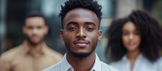 Confident young African American business professionals in a modern setting showcasing teamwork and collaboration with serious expressions.