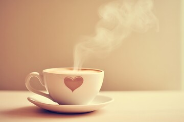 A steaming cup of coffee with a heart on it