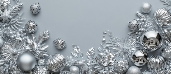 Silver Christmas and New Year decorations on gray background with empty space for text Top view flat lay Holiday greeting card design