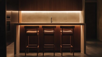 Fototapeta premium Modern Minimalist Kitchen with Wooden Bar Stools and Soft Ambient Lighting