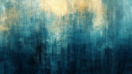 Obraz premium Abstract painting depicting a misty forest scene in shades of blue, teal, and yellow. The texture is reminiscent of an impressionistic style, with