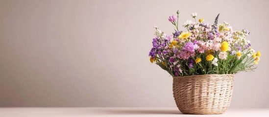 Fototapeta premium Pastel wildflower centerpiece in straw basket with empty copyspace for text showcasing spring floral arrangement and creativity