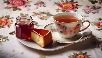 Fototapeta premium A teacup, a slice of cake, and a small jar of jam on a floral tablecloth, creating a cozy, elegant tea-time scene with vintage charm and warm details