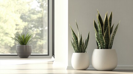 Fototapeta premium Modern minimalist interior showcasing stylish indoor plants in elegant planters with natural light streaming through large windows
