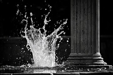 Obraz premium Water splash against a black backdrop. Jet and droplets of clear liquid. Transparent water being poured
