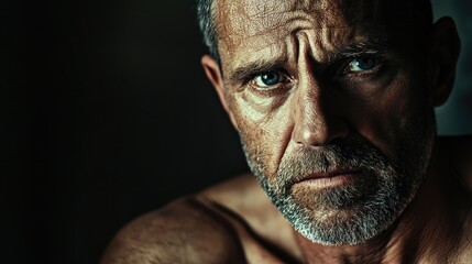 Obraz premium Middle-aged man displaying intense facial expressions related to shoulder pain and health concerns in low light setting.