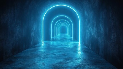 Obraz premium Blue Neon Archway Tunnel, Grunge Background