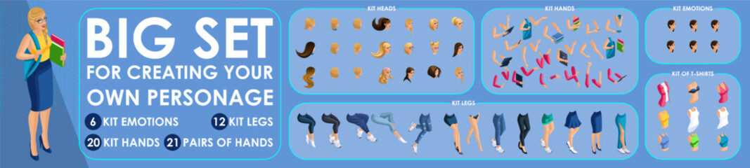 Isometric Girl character constructor for designed. Set various action N2. Set of Students personages flat style illustration