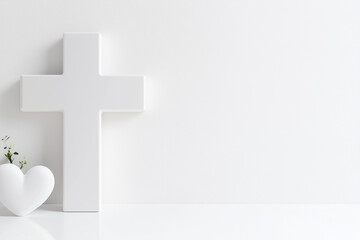 Obraz premium An abstract medical cross is placed at the center of a clean white studio. A subtle heart shape inside conveys calmness, surrounded by soft midday light creating a peaceful healing atmosphere