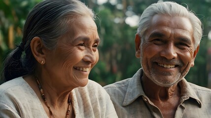 elderly couple smiling happily outdoors, enjoying nature and companionship in their golden years
