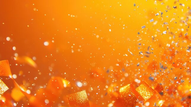 Vibrant orange party backdrop with shimmering confetti and ribbons ideal for text placement celebrating festive occasions