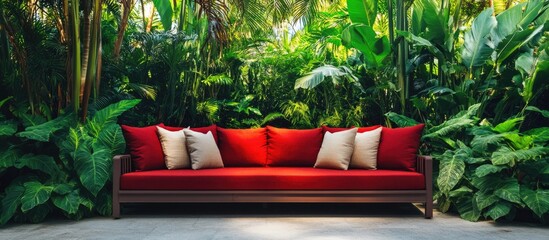 Elegant outdoor patio with modern red sofa surrounded by lush greenery and ample blank space for creative text insertion