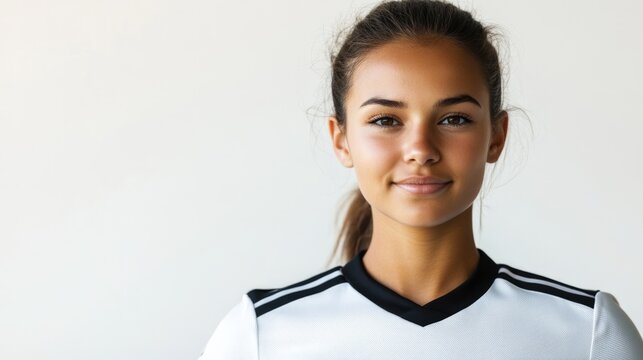 Female soccer player posing confidently in a sports jersey against a clean white background showcasing athleticism and determination.