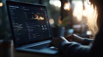 Analyzing data trends on a laptop in a cozy setting, highlighting technology, innovation, and productivity in digital environments.