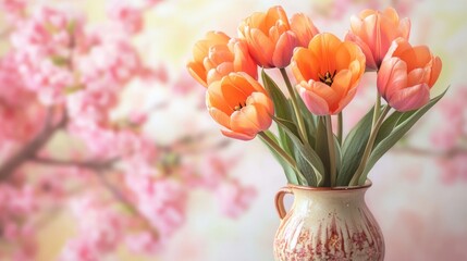 Orange Tulip Bouquet in Vintage Vase with Pink Cherry Blossom Background Beautiful Floral Arrangement for Spring Decor and Events