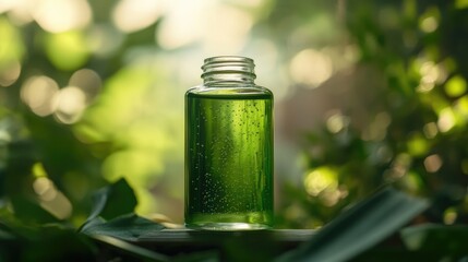 Organic Aloe Vera Liquid Essence in Transparent Glass Bottle Surrounded by Lush Greenery and Natural Light