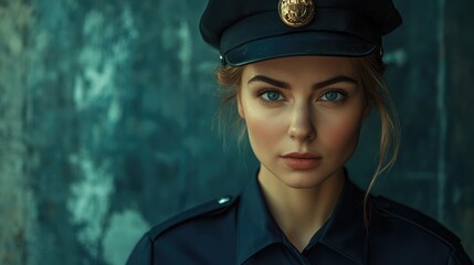 Portrait of a confident female police officer wearing a hat and uniform against a textured backdrop showcasing her strong presence and determination