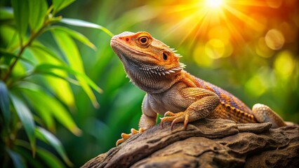 Obraz premium Bearded Dragon Posing Majestically on Boulder, Soft Focus Green Background - Stock Photo