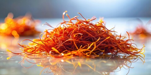 Naklejka premium Softly glowing saffron threads suspended in a gelatinous substance, vibrant, ambient light, texture