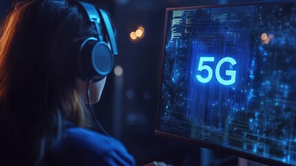 Individual using headset working on computer with holographic blue 5G symbol on dark background representing advanced technology and connectivity