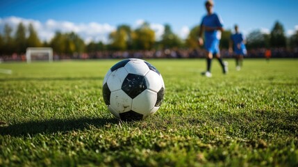Obraz premium Player kicking soccer ball on a vibrant field with enthusiastic fans in the background capturing the spirit of a competitive football match
