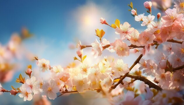 beautiful cherry blossom in springtime on blue sky background with space for text