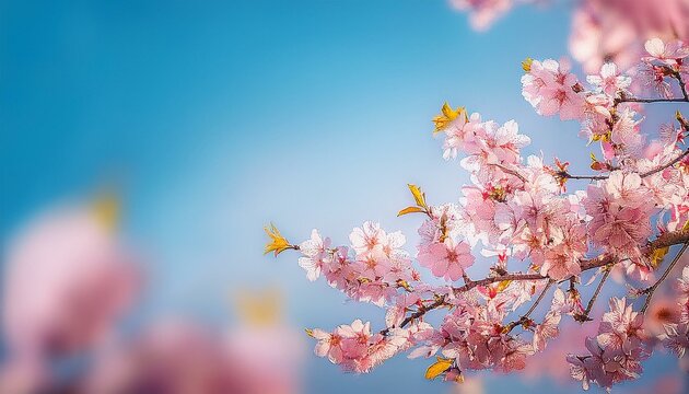 beautiful cherry blossom in springtime on blue sky background with space for text