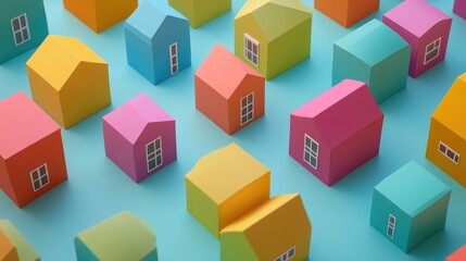 Obraz premium Colorful paper houses representing real estate investment concepts and terminology on a blue background for financial and housing illustrations.